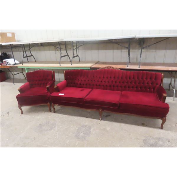 Vintage Victorian-Style Red Tufted Sofa and Armchair Set, 86" Long