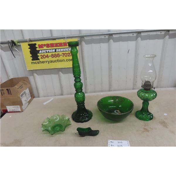 Green Glassware, Coal Oil Lamp, Dish, Shoe, and Vase