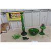 Image 1 : Green Glassware, Coal Oil Lamp, Dish, Shoe, and Vase