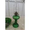 Image 2 : Green Glassware, Coal Oil Lamp, Dish, Shoe, and Vase