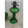 Image 3 : Green Glassware, Coal Oil Lamp, Dish, Shoe, and Vase