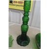 Image 7 : Green Glassware, Coal Oil Lamp, Dish, Shoe, and Vase