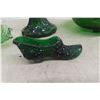 Image 8 : Green Glassware, Coal Oil Lamp, Dish, Shoe, and Vase