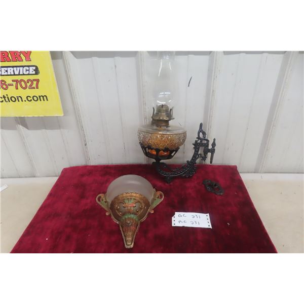 Coal Oil Lamp in Cast Wall-Mount Bracket with Old Cast Wall Sconce