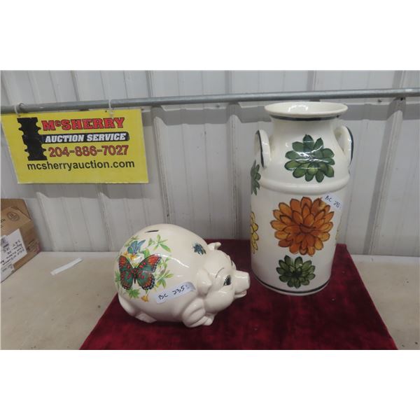 Large Piggy Bank with Porcelain Cream Can Umbrella Stand, 18" Tall