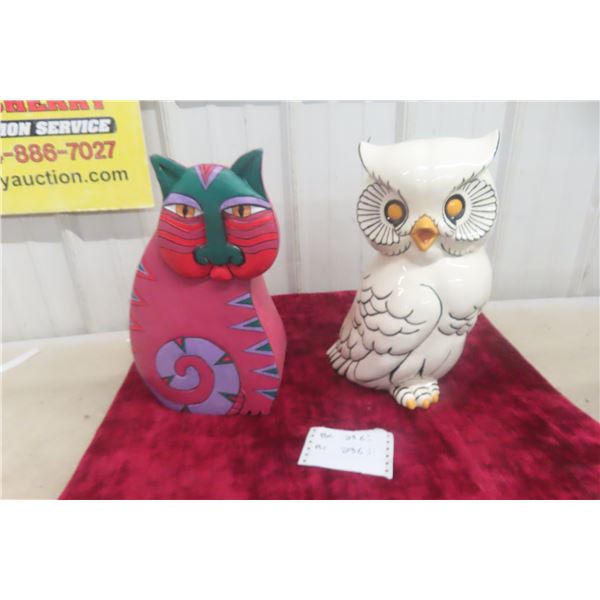 Porcelain Owl and Hand-Carved Wooden Cat, Both 14" Tall