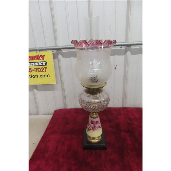 Victorian Hand-Painted Glass Oil Lamp With Cranberry-Rim Hurricane Shade