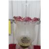 Image 6 : Victorian Hand-Painted Glass Oil Lamp With Cranberry-Rim Hurricane Shade