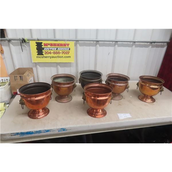 Six Copper Planters with Lion Head Handles, 9" Diameter