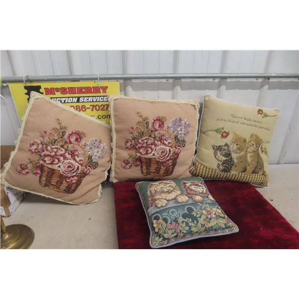 Four Decorative Cushions Including Two Cat Motifs and Two Floral