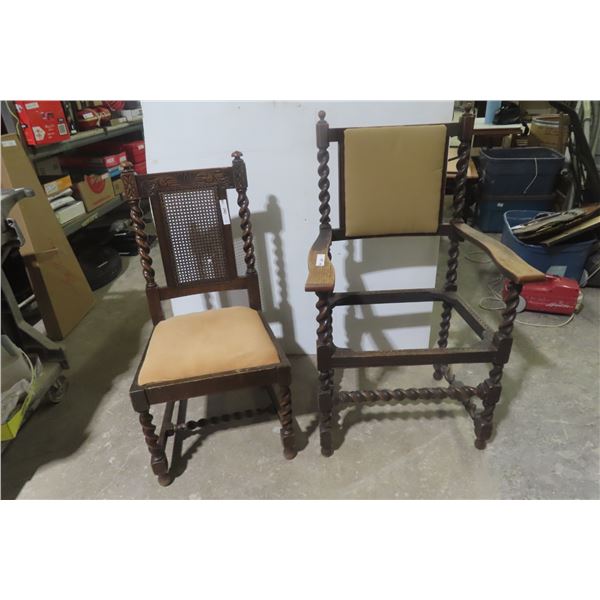Two Barley-Twist Dining Room Chairs, One Cracked, One Missing Seat