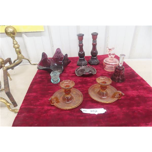 Assorted Colored Glass Including Candleholder, Tray, and Covered Dish