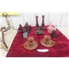 Image 1 : Assorted Colored Glass Including Candleholder, Tray, and Covered Dish