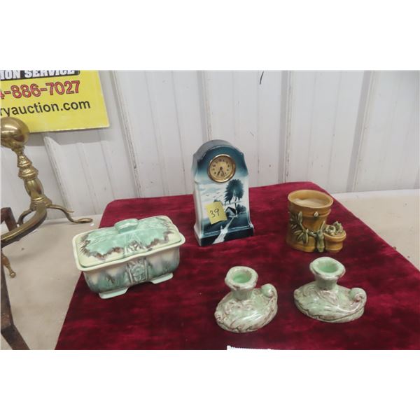 Porcelain Mantel Clock, Candelier, Covered Dish