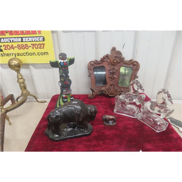 Decorative Collectibles Lot – Totem Decanter, Buffalo Figures, Glass Horse Book Ends, Frame