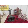 Image 1 : Decorative Collectibles Lot – Totem Decanter, Buffalo Figures, Glass Horse Book Ends, Frame