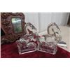 Image 6 : Decorative Collectibles Lot – Totem Decanter, Buffalo Figures, Glass Horse Book Ends, Frame
