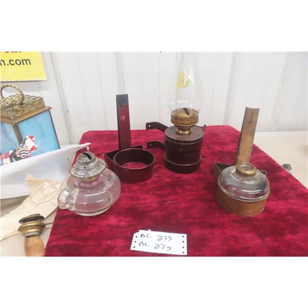 Assorted Antique and Vintage Kerosene Lamp Parts Including Wall Bracket Lamps and Glass Chimneys