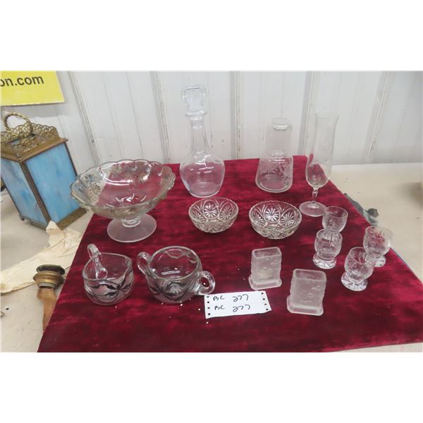 Cream and Sugar Set with Decanter and Bowls, Cut and Etched Glass