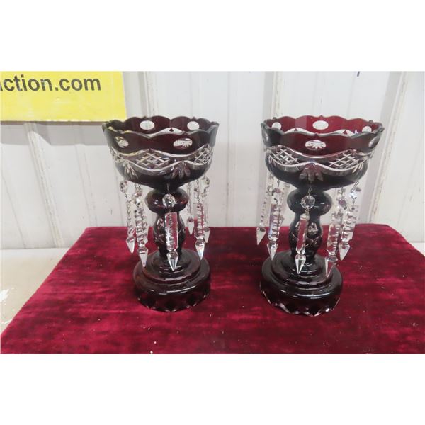 Pair Of Bohemian Ruby Glass Mantel Lusters With Prisms