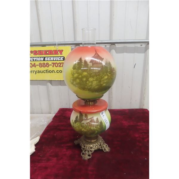 Gone With The Wind Style Coal Oil Lamp With Cabin Scene And Footed Brass
