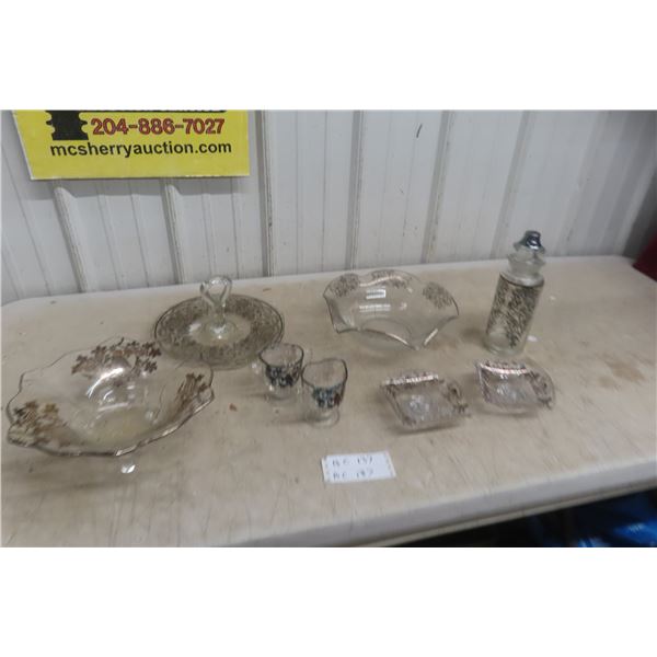 Glass w/ Silver Inlay, Trays, Bowls, Candelier, and More