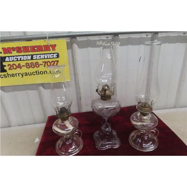 Bullseye Colared Coal Lamp and 2 Finger Lamps - All w/ Chimneys