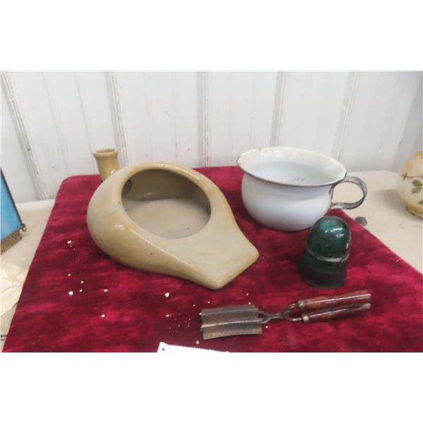 2 x Chamber Pots - One is Enaml, other is Stoneware - Old Curling Iron