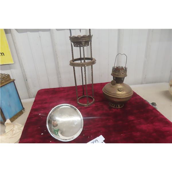 Hanging Aladdin Lamp Frame With Mercury Reflector And Brass Oil Lamp