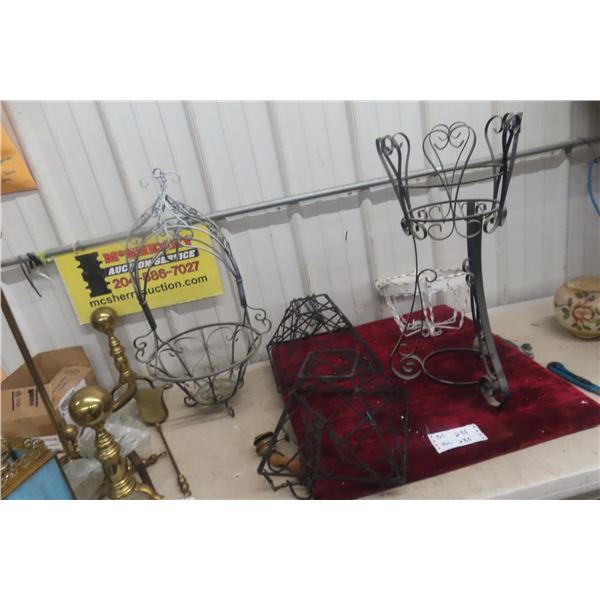 Four Hanging Wrought Iron Planters With One Wrought Iron Plant Stand