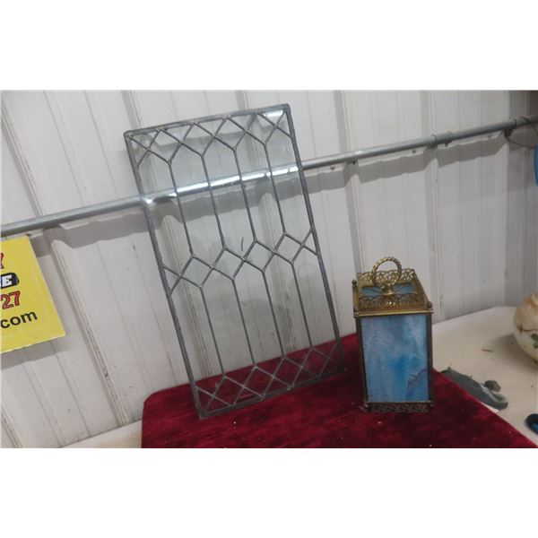 Lead Glass Panel With Hanging Brass Chandelier Light, Approx. 14" x 25"
