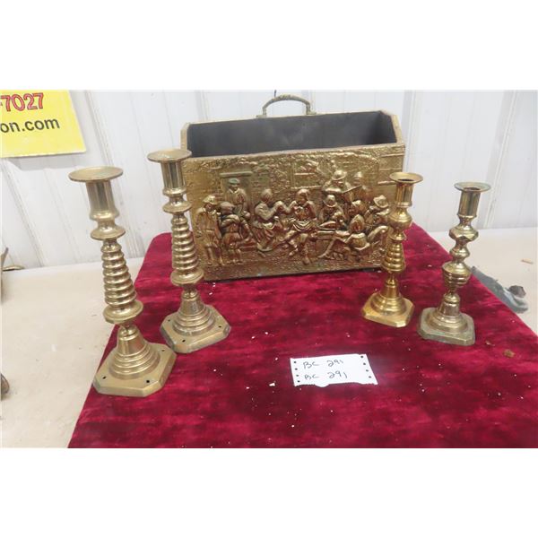 Four Brass Candliers With Ornate Brass Magazine Stand