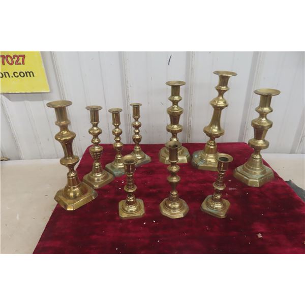 Ten Brass Candliers, Tallest Approx. 12"