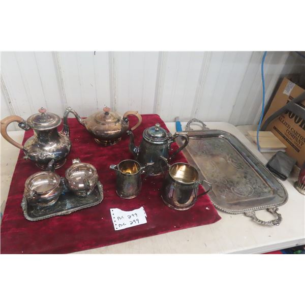 Silver Tea Pot, Coffee Pot, Tray, Creamer, And Sugar