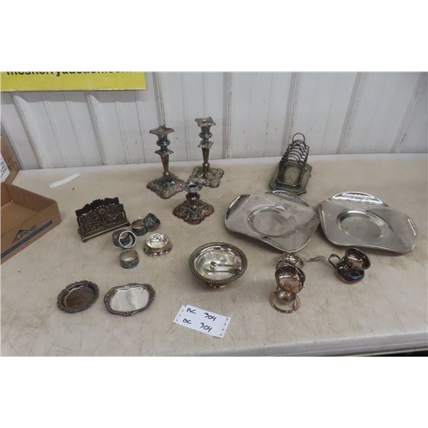 Silverware, Candlier, Plates, Napkin Rings, Serving Dish