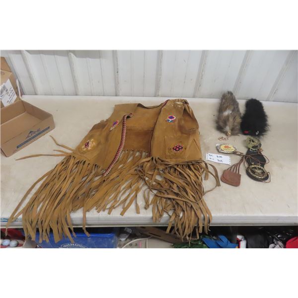 Lealther Beaded First Nation Vest, Fox Tail Keychain, and More