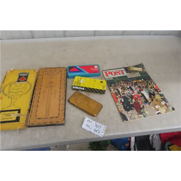 Champion Cribbage Board With Math Tool Sets And 1940s POST Magazine