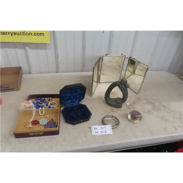Portable Tri-Fold Mirror With Thistle Paperweight And Costume Jewelry, And More