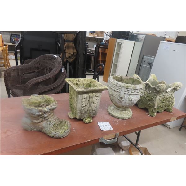 Four Cement Planters, Two Clean And Two With Minor Chips