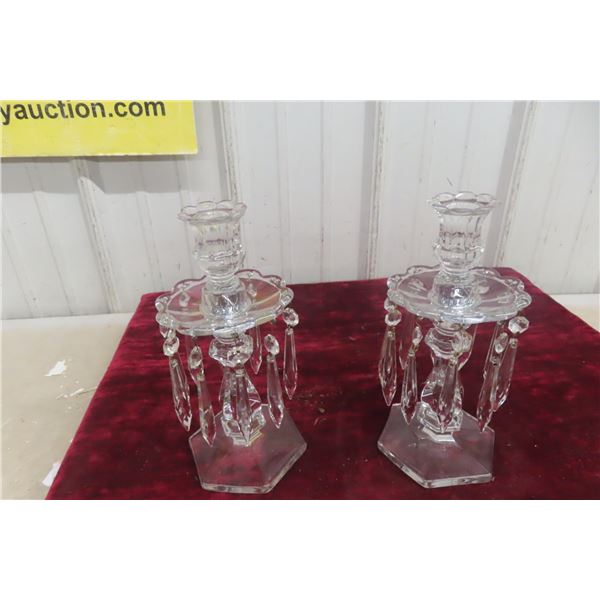 Two Crystal Glass Candlesticks With Prisms, Approx. 10" Tall