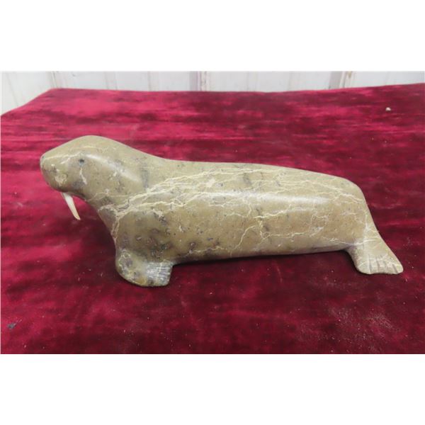 Serpentine Stone Walrus With Tusks, Signed E. Ulayuk, Dated 1983, Measures 7" x 3 1/4"