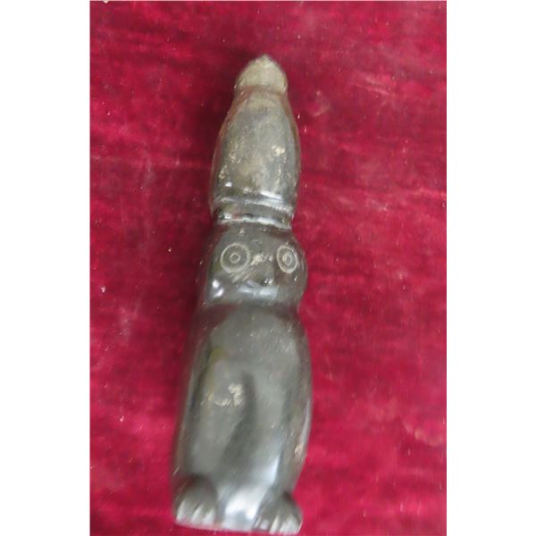 Soapstone Owl and Chick Carving, Signed in Syllabics, Measures 7 1/2" High x 3"