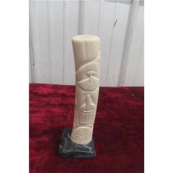 Bone Carved in Relief, With Igloo, Ulu, and Teepee Motifs on Soapstone Base