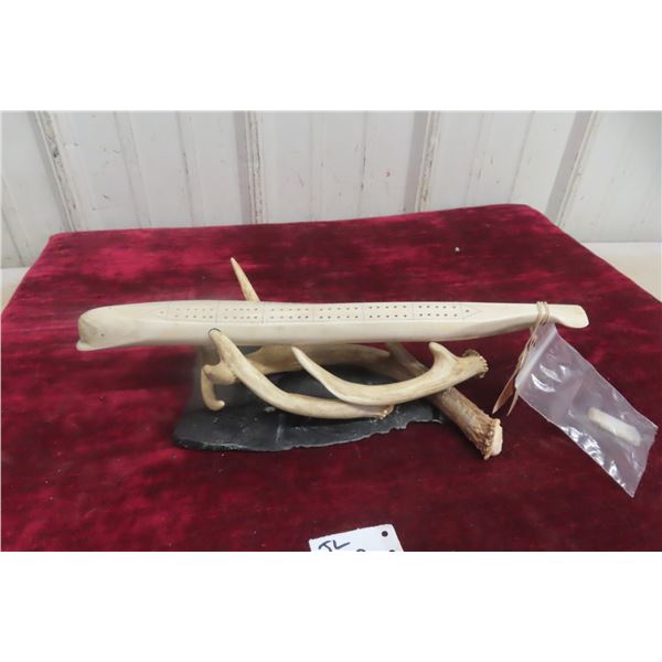 Beluga Cribbage Board, Whalebone 13 1/2" Long, Soapstone Base 8" x 5" Includes Deer Sheds
