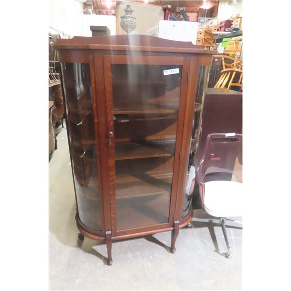 Oak China Cabinet With Curved Glass, Top Shelf Back Stop