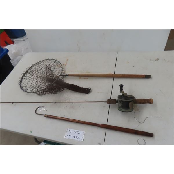 Antique Fishing Rod And Reel With Net And Gaff Hook