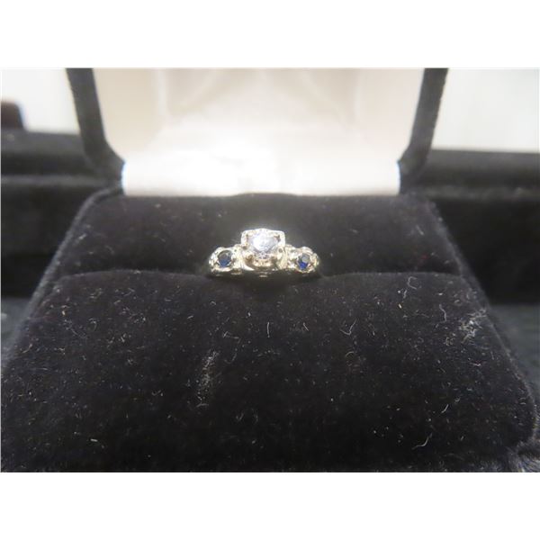 14k White Gold Ring With Diamond and Sapphire, Size 7, Total Weight 2.1 Grams