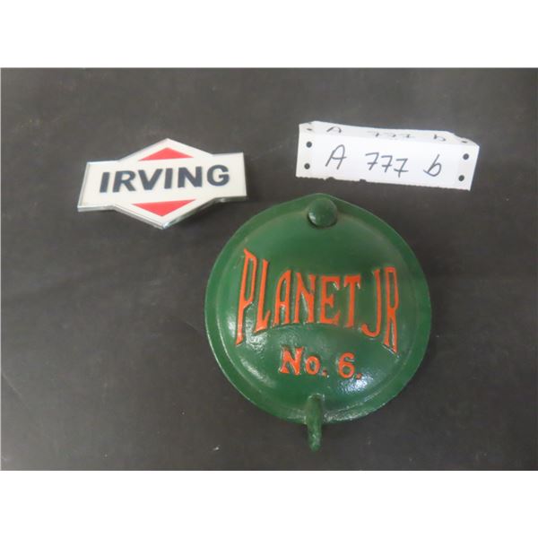 Irving Emblem 3'' x 3 3/4'' and Planet Jr. No. 6 Farm Implement Cast Plate Measuring 5" Across