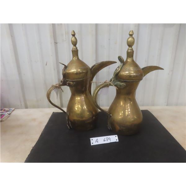 Two Original Raslan Arabian Dallah Coffee Urns Made of Solid Brass Measuring 16" Tall