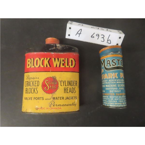 Two Vintage Automotive Tins: Master Spark Plug and Block Weld, Both With Product
